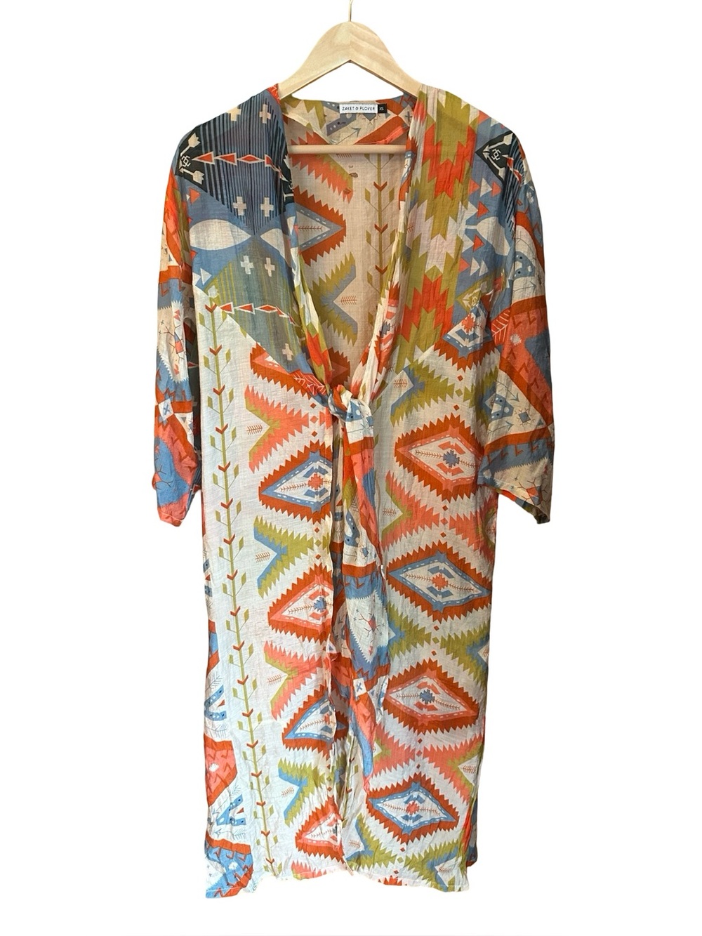 Zaket & Plover Tie Front Long Aztec Southwestern Kimono XS